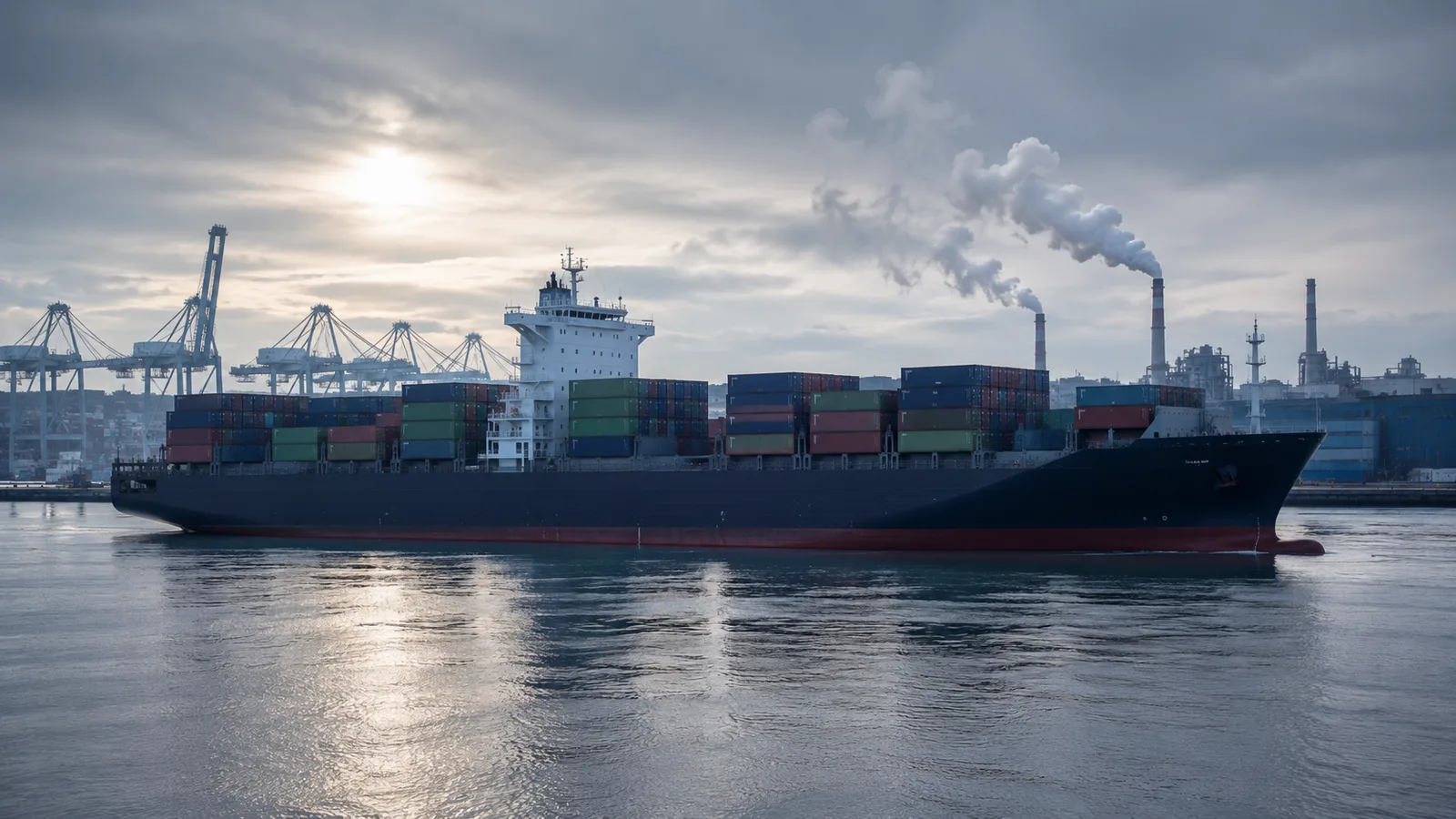 Large container ship arriving at a major European port in cold morning light with industrial infrastructure and emission stacks in the background