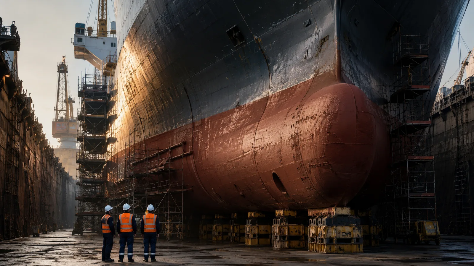 A large cargo ship in a graving dry dock with marine surveyors inspecting the hull