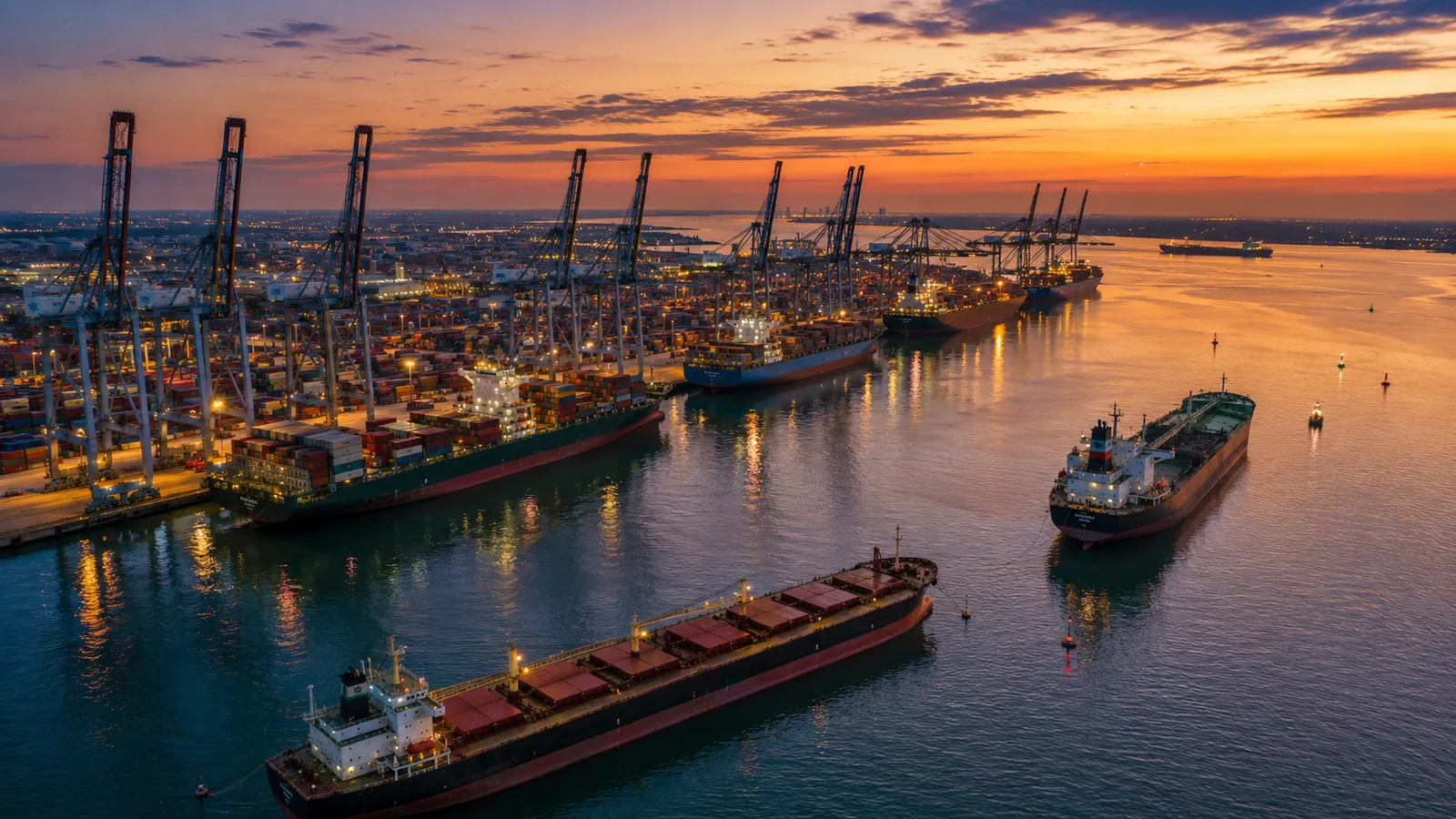 Aerial view of a major container port at dusk with multiple cargo ships and gantry cranes