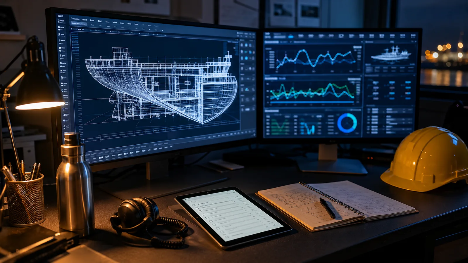 Marine engineer's modern workstation with CAD ship hull model and performance dashboard on dual monitors