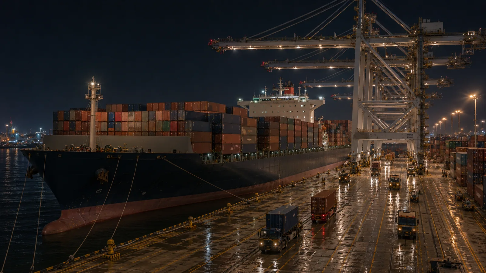 A Neo-Panamax container ship docked at a Rotterdam container terminal at 02:47 in the morning, ship-to-shore cranes mid-operation under amber halogen dock lights — visualizing the precise hour the port chose for the berth
