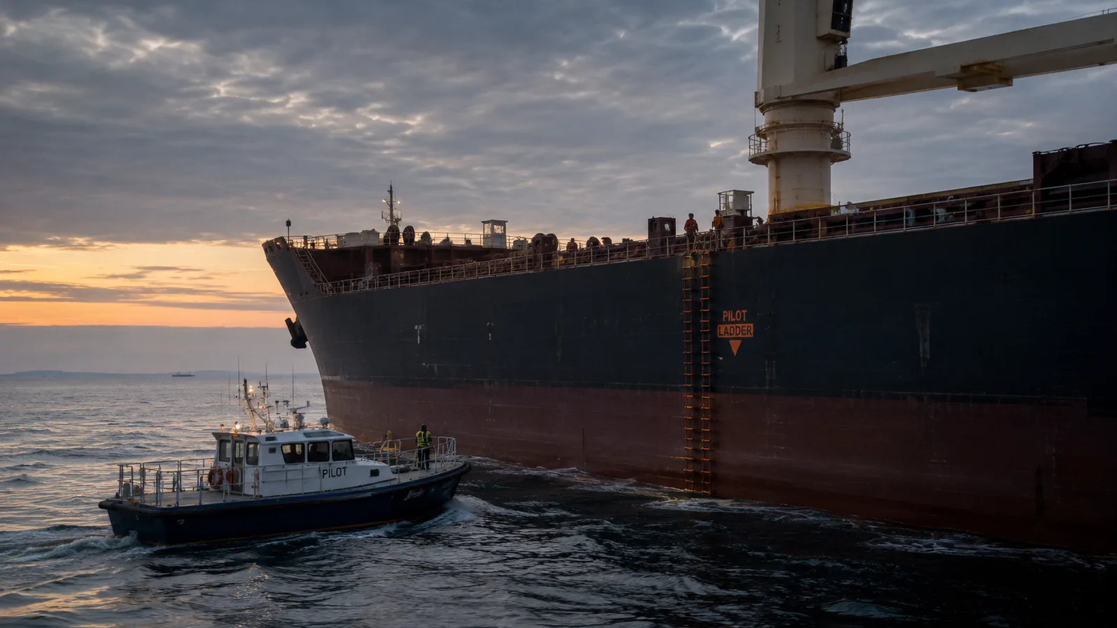 A pilot boat approaching the side of a large bulk carrier at first light, pilot ladder visible on the ship's side, calm pre-dawn sea