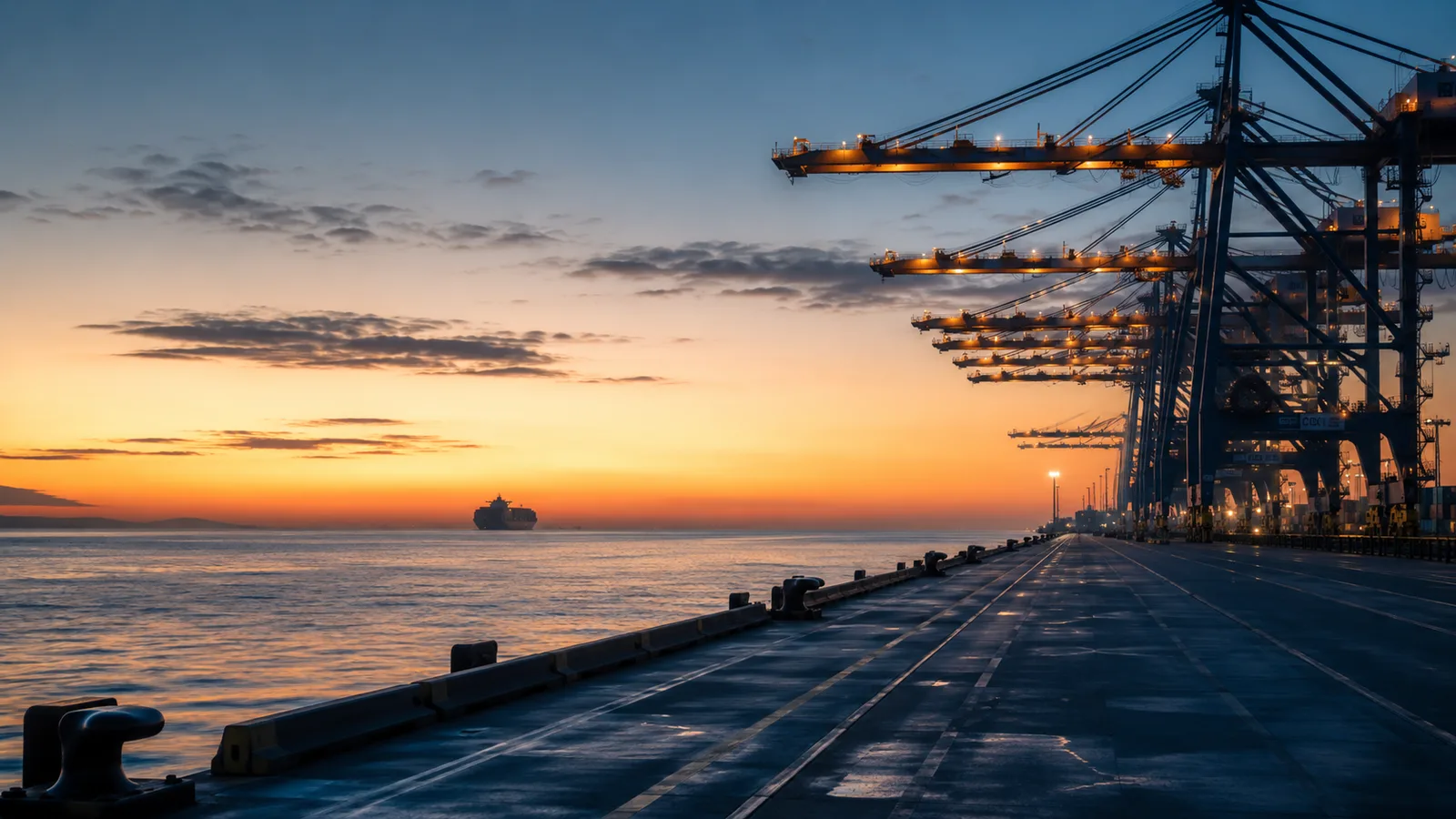 An empty container berth at dawn, golden hour, the upper crane booms catching the first sunrise light, with the silhouette of an incoming container ship visible on the distant horizon