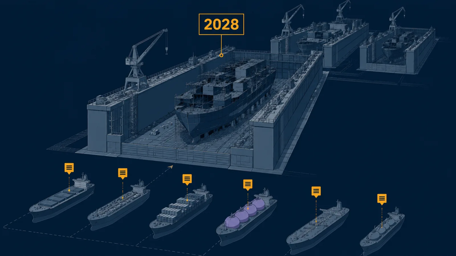 An editorial illustration of multiple dry docks in a row, each containing a partially built hull, with queued vessel silhouettes waiting in front — the visual metaphor for yard capacity as a binding constraint