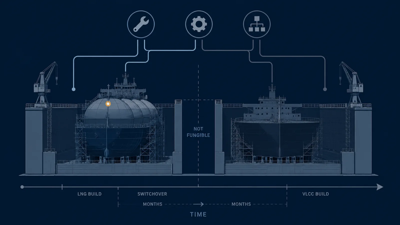 An editorial illustration of a dry dock split into two halves — one containing an LNG carrier hull, the other a VLCC hull — showing the incompatibility of building both simultaneously in the same facility
