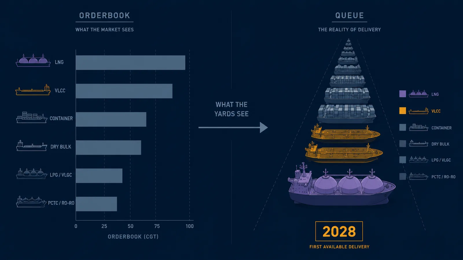 An editorial illustration of a split frame: a bar chart on the left labeled 'orderbook' and a line of ship silhouettes on the right labeled 'queue' — the visual argument that the freight market reads a forecast while the yards see a production calendar