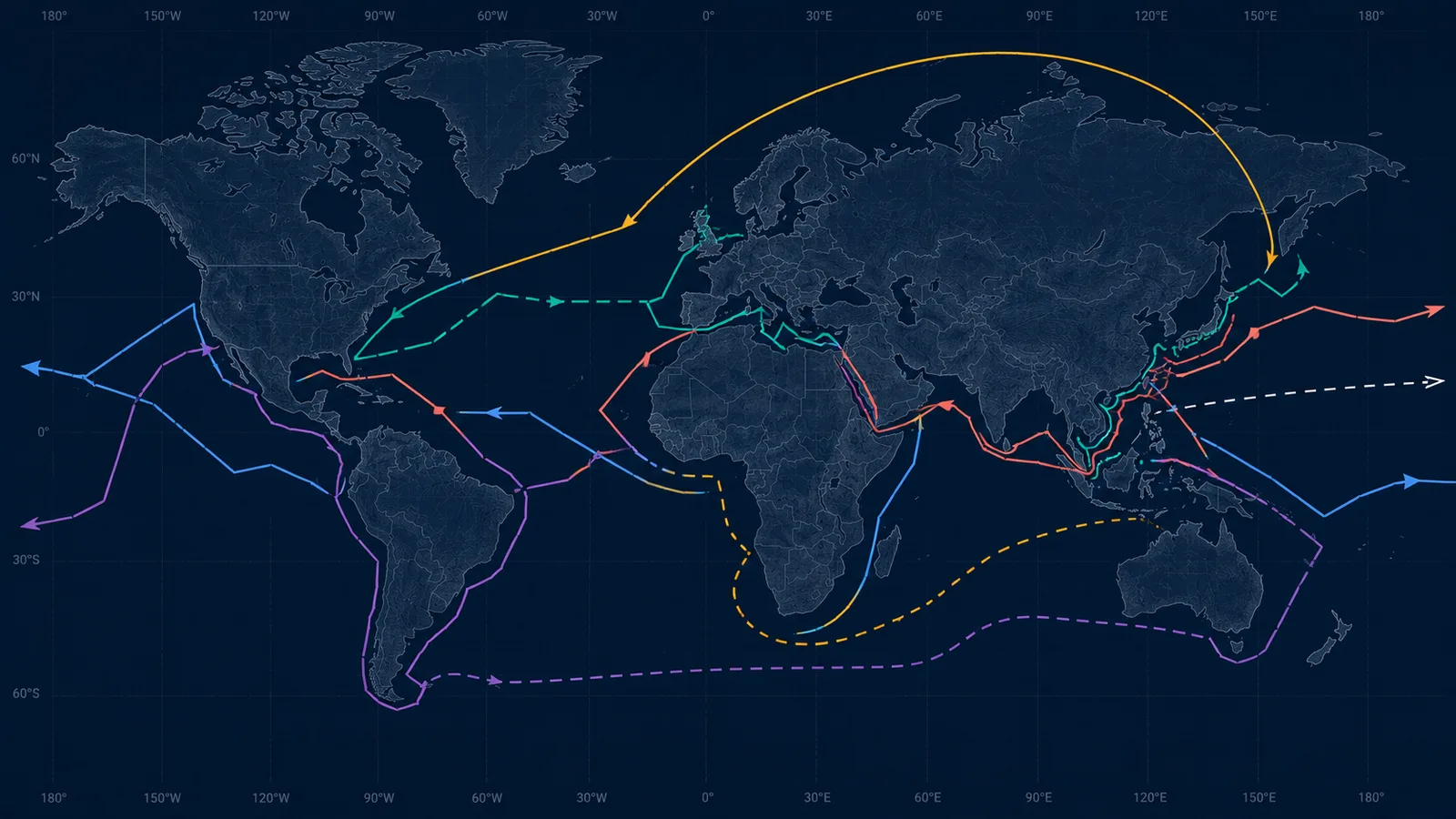 An editorial illustration of a dark world map with ten colourful route lines zigzagging across oceans — some curving dramatically, some looping around continents — representing shipping routes that look irrational until you understand the math