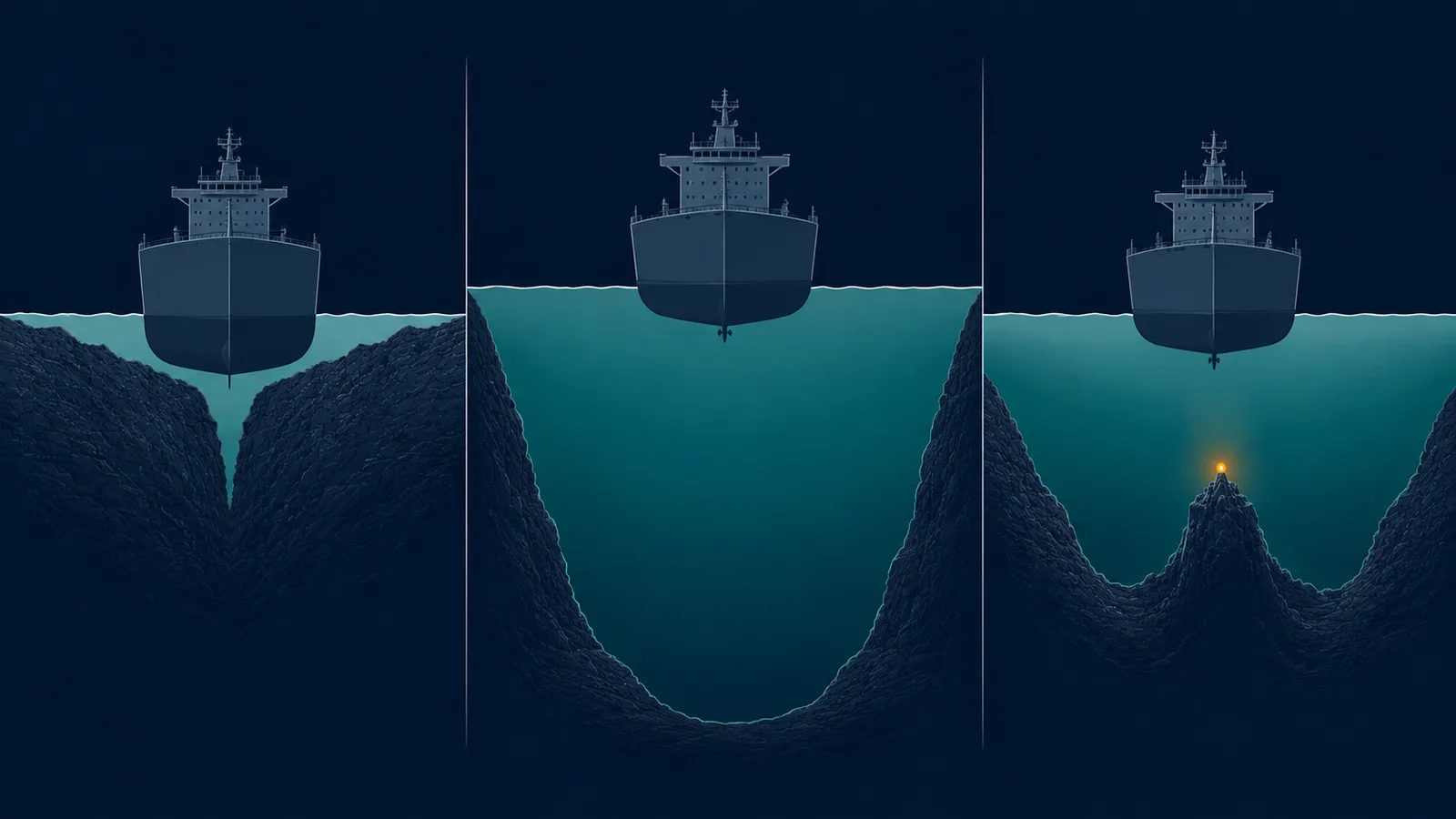 An editorial illustration showing three strait cross-sections side by side — Malacca (shallow, ship barely fits), Lombok (deep, huge clearance), and Sunda (medium depth with a volcanic protrusion)