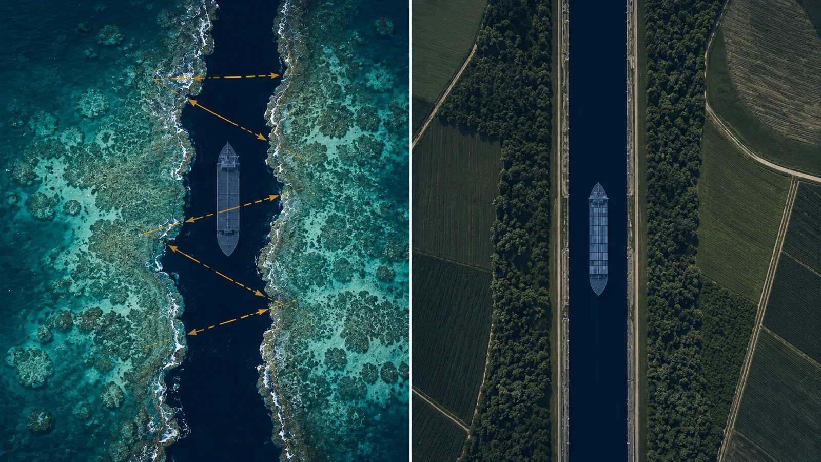 An editorial illustration of two narrow passages side by side — Torres Strait with coral reef on both sides and diagonal tidal arrows, and Kiel Canal as a clean geometric cut through land