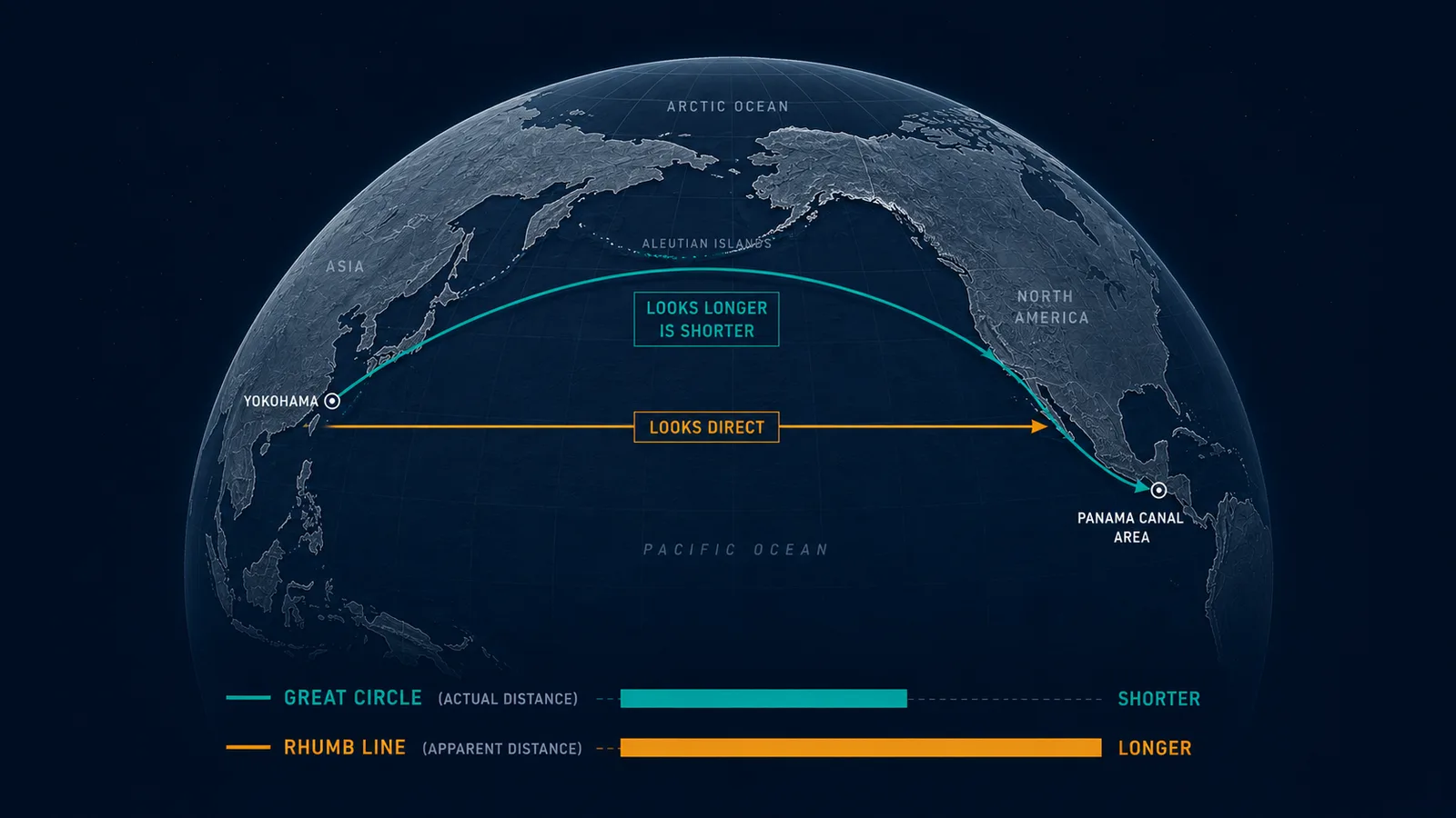 An editorial illustration of a globe showing a curved great circle arc across the Pacific that looks longer but is actually shorter than the straight rhumb line — the visual paradox that closes the article