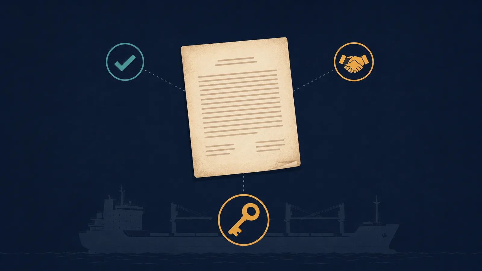 An editorial illustration of a single document with three overlapping function icons — a receipt checkmark, a contract handshake, and a key — representing the three simultaneous functions of a bill of lading