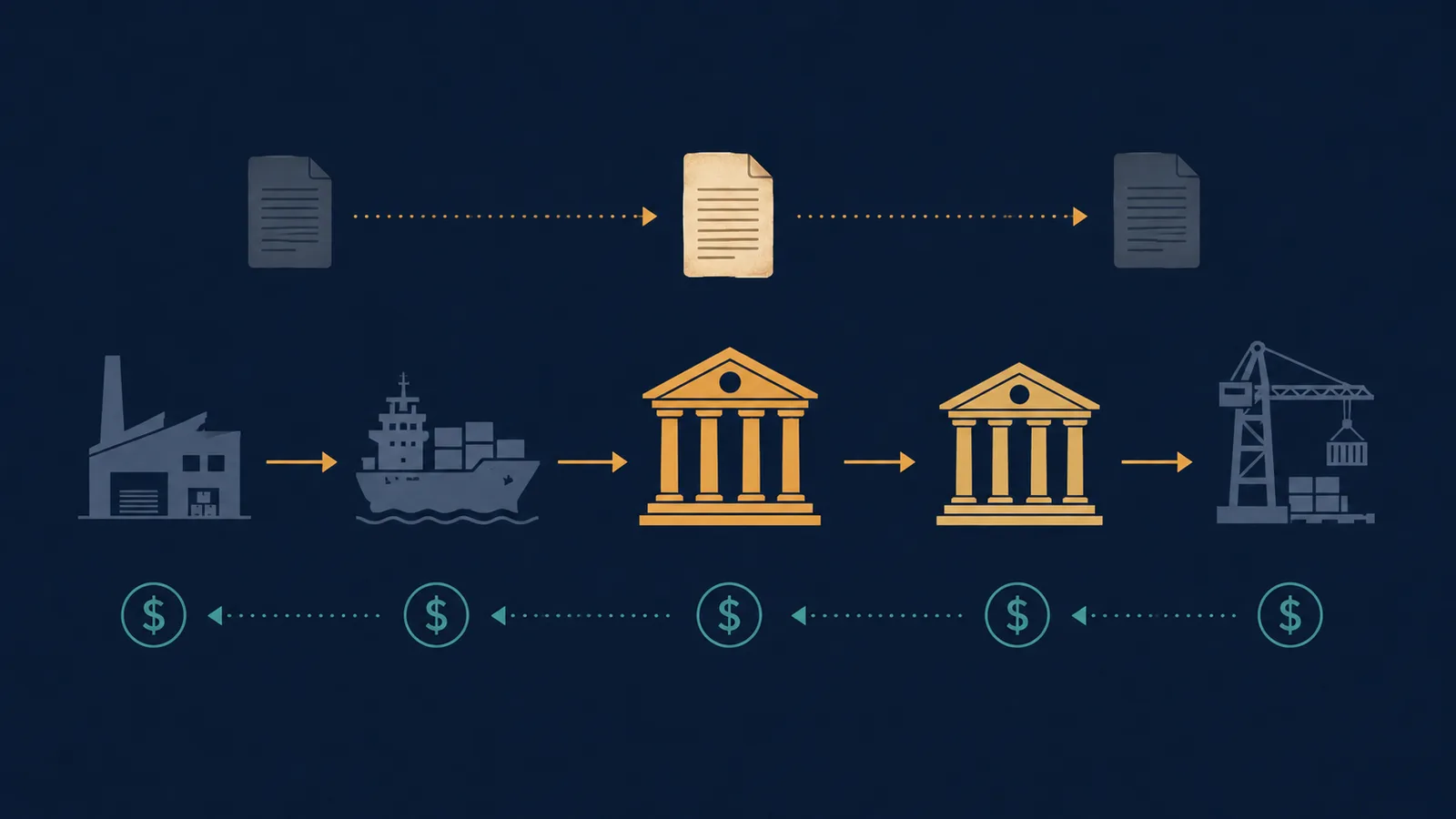 An editorial illustration showing the document chain of a bill of lading — from seller through carrier and bank to buyer — with the B/L document travelling one direction and payment flowing the other