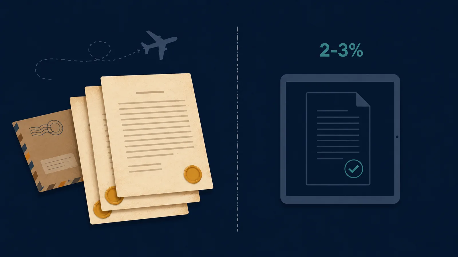 An editorial illustration showing a stack of paper documents with a courier envelope on the left and a minimalist digital screen on the right — the adoption gap between paper and electronic bills of lading