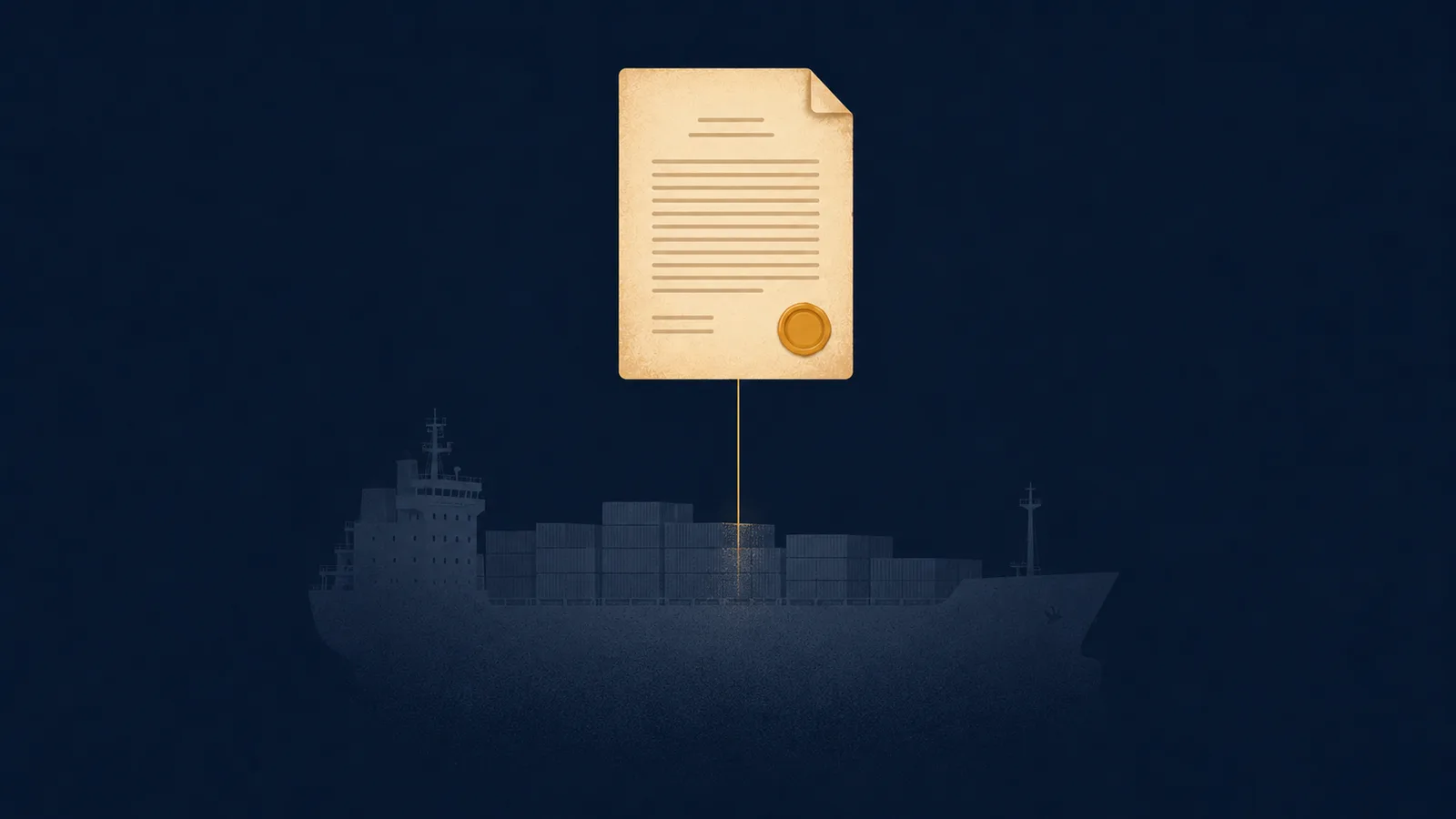 An editorial illustration of a parchment document in the upper frame connected by a thin amber line to a fading ship silhouette below — the paper is more present than the physical vessel because the paper is what makes ownership enforceable