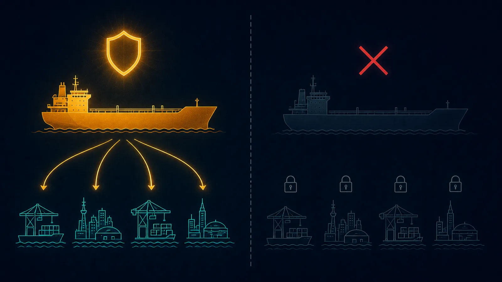 An editorial illustration of a P&I blue card certificate and port entry stamp alongside a container ship approaching a major terminal — the commercial documents that define a vessel's access to mainstream global trade
