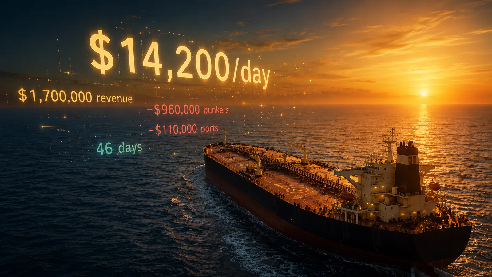 An editorial illustration of a VLCC tanker at sea with a floating earnings display showing $14,200/day — the visual anchor for the Time Charter Equivalent concept
