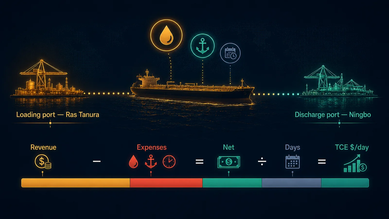 An editorial map illustration of the VLCC crude route from Ras Tanura in Saudi Arabia to Ningbo in China — the Middle East Gulf to China trade lane that underlies the TD3C benchmark