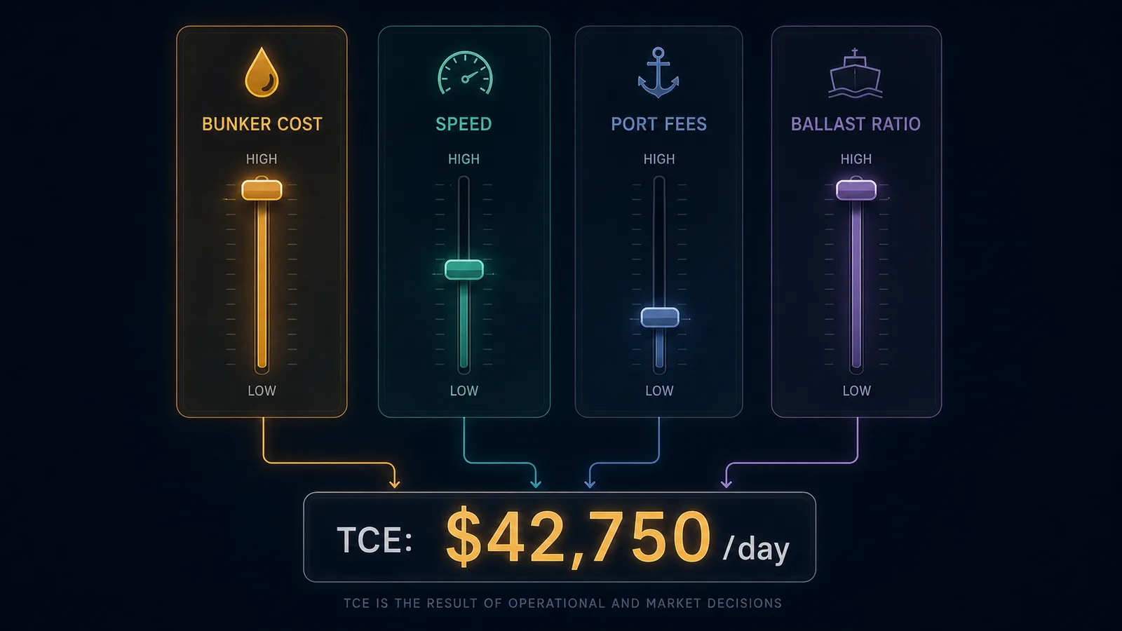 An editorial illustration of four circular dials labeled Bunker, Speed, Port Fees, and Ballast — the four inputs that determine a tanker voyage's Time Charter Equivalent