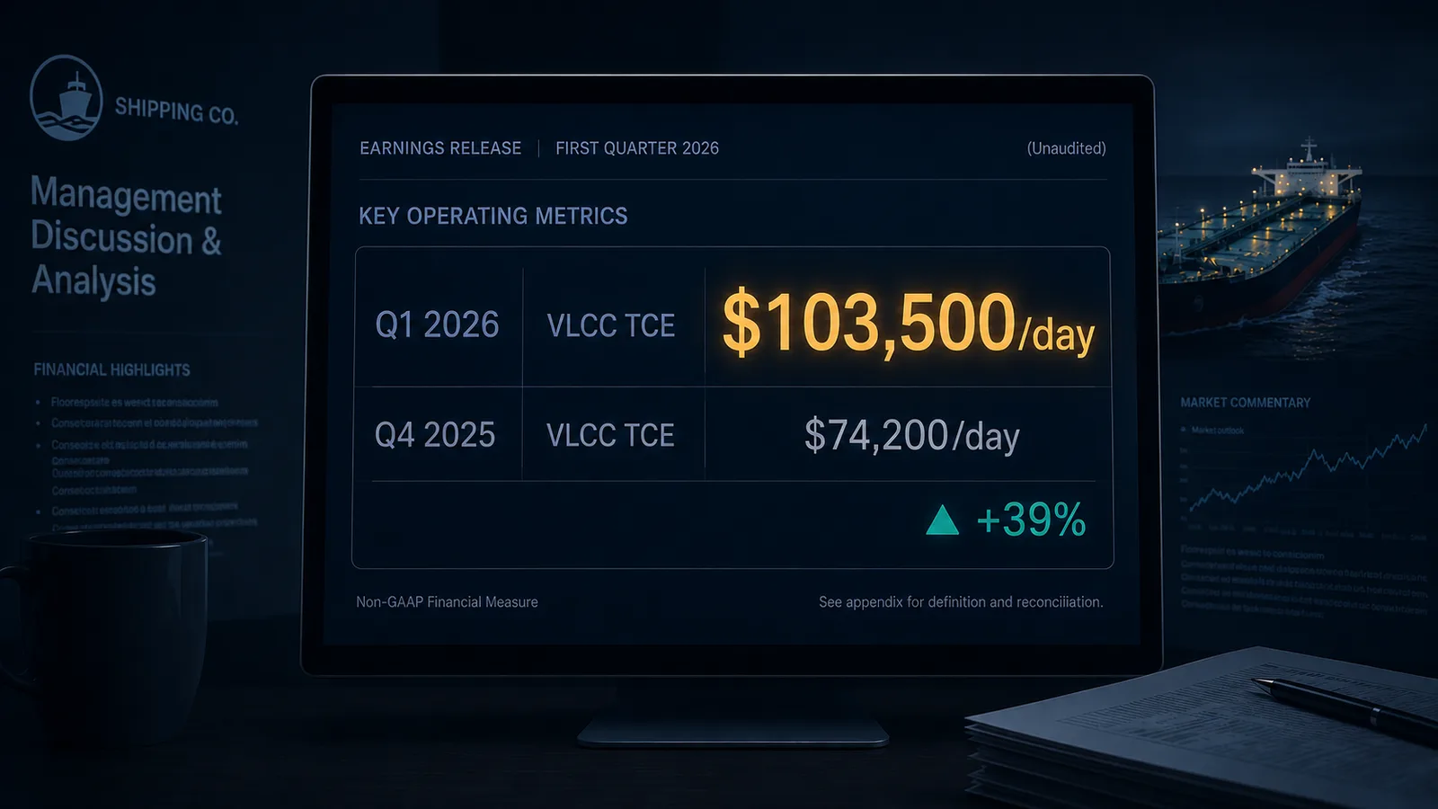 An editorial illustration of an analyst screen displaying VLCC TCE data with $103,500/day for Q1 2026 — the Frontline fleet average that defined the early 2026 tanker market