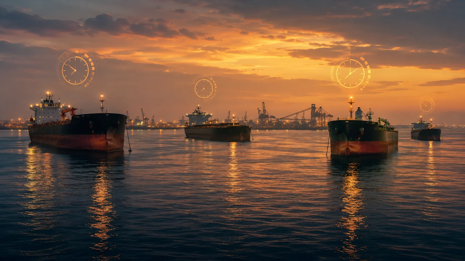 Vessels at anchor waiting for berth — laytime running
