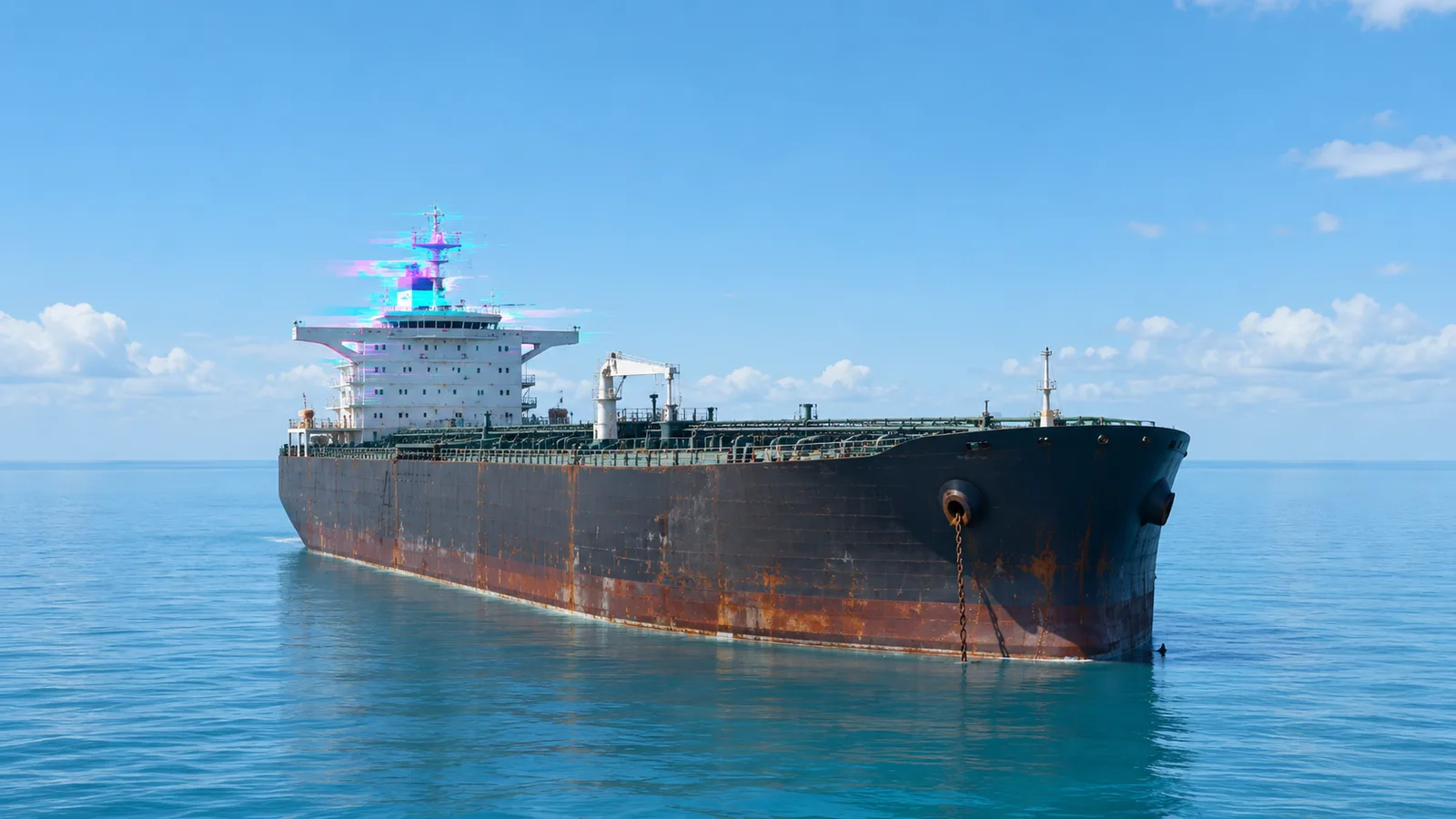 An old tanker at sea with an AIS glitch effect rendered on the bridge display — the ship that isn't there