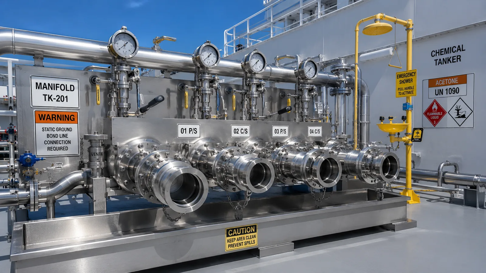 Chemical tanker manifold — stainless steel pipework, pressure gauges, and safety shower on deck