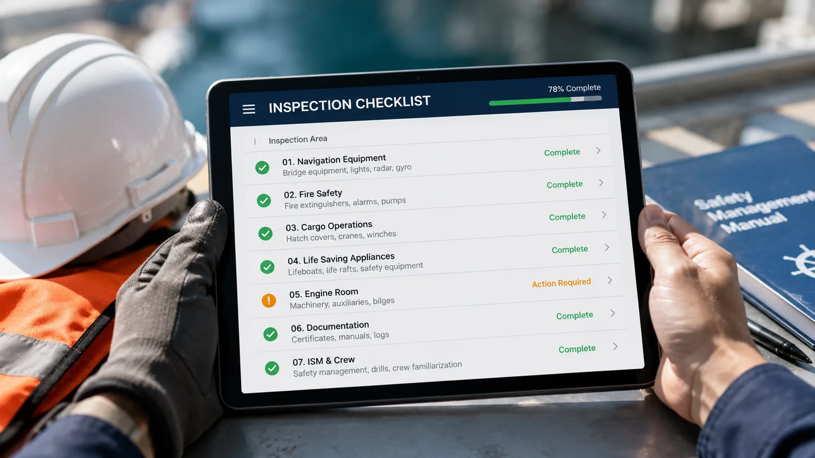 Inspector reviewing a tablet-based checklist on board a vessel — the digital CVIQ inspection in progress