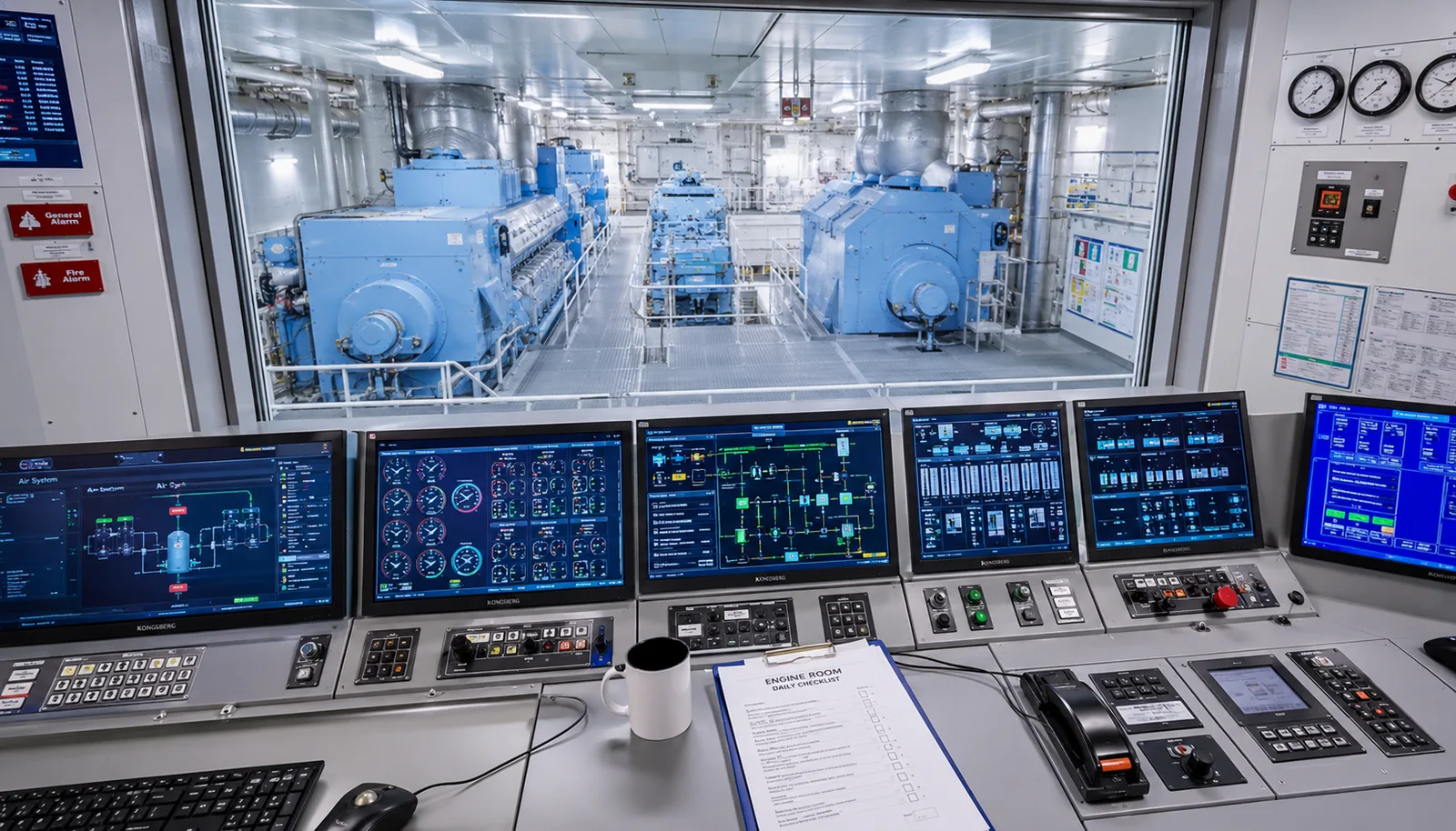 Ship engine room with a chief engineer reviewing maintenance records on a tablet — planned maintenance system in practice