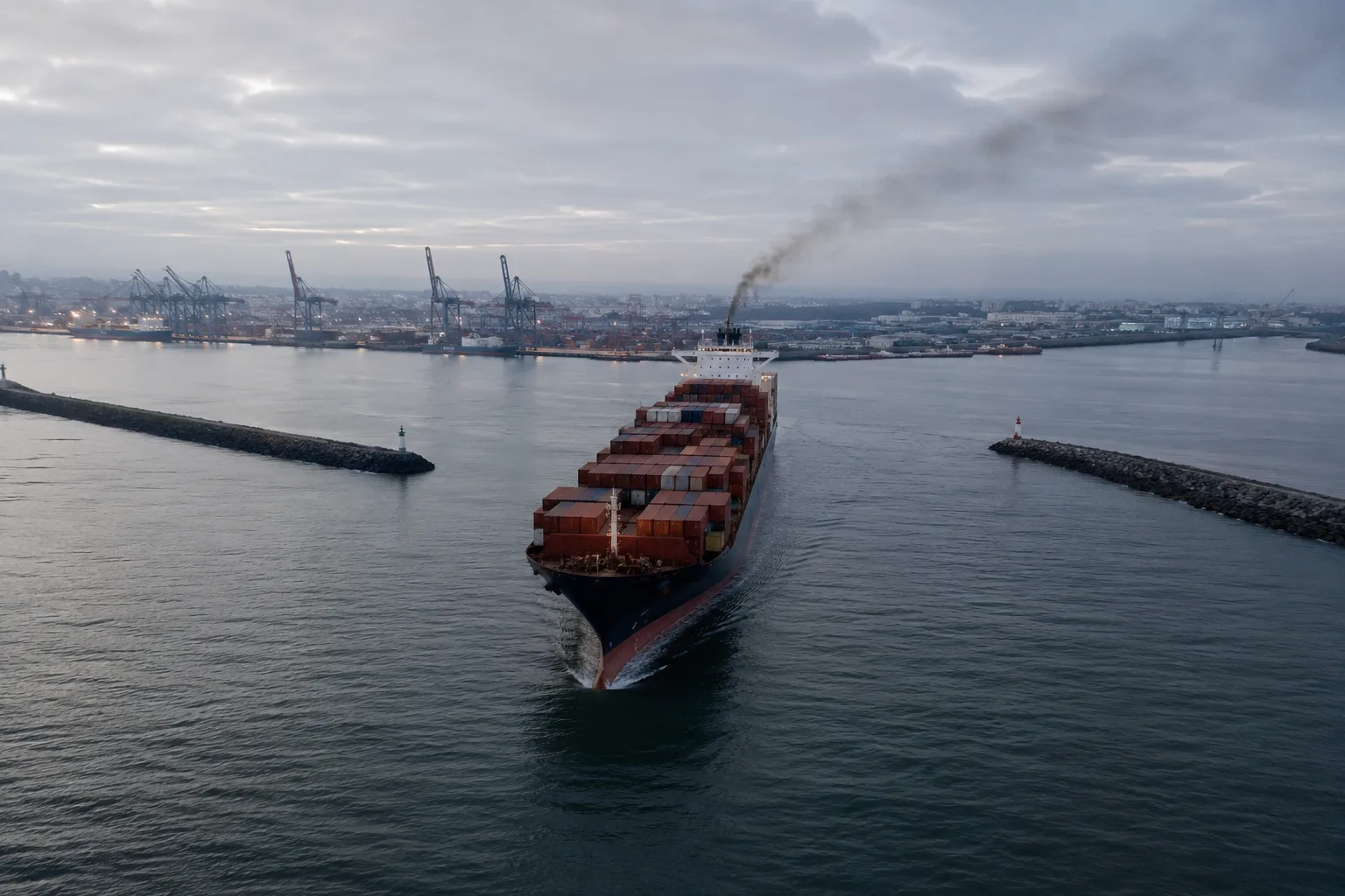 Aerial photograph of a large container ship entering a European port at dawn, passing between breakwaters with a thin exhaust plume trailing from the funnel against an overcast sky