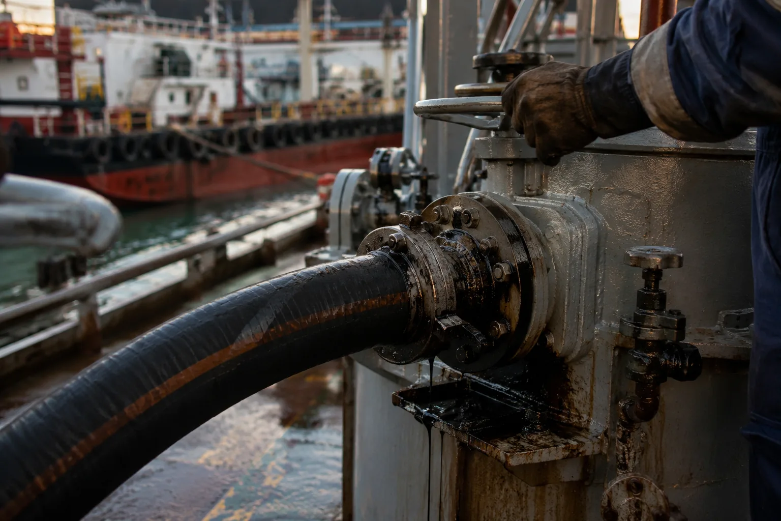 Close-up photograph of a ship fuel manifold during bunkering operations, with a thick black fuel hose connected and a worker's gloved hand adjusting a valve, representing the physical substance FuelEU regulates