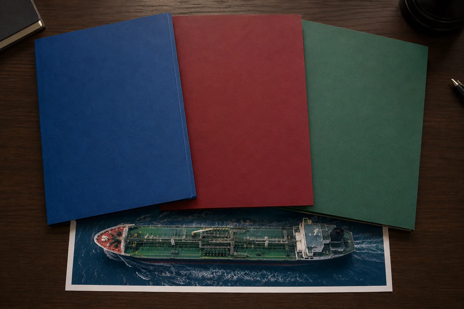Overhead photograph of three different coloured folders arranged side by side on a dark wooden desk, representing EU ETS, UK ETS, and FuelEU Maritime regulations overlapping on a single ship