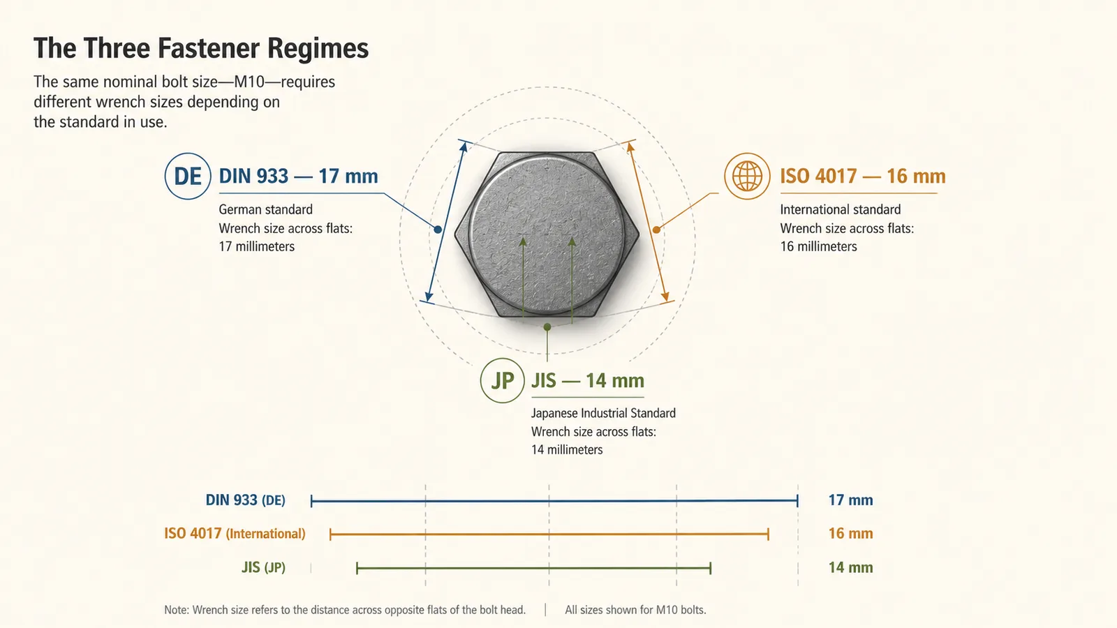 Infographic illustrating the three national fastener regime systems — DIN, ISO, and JIS — in use across global shipbuilding