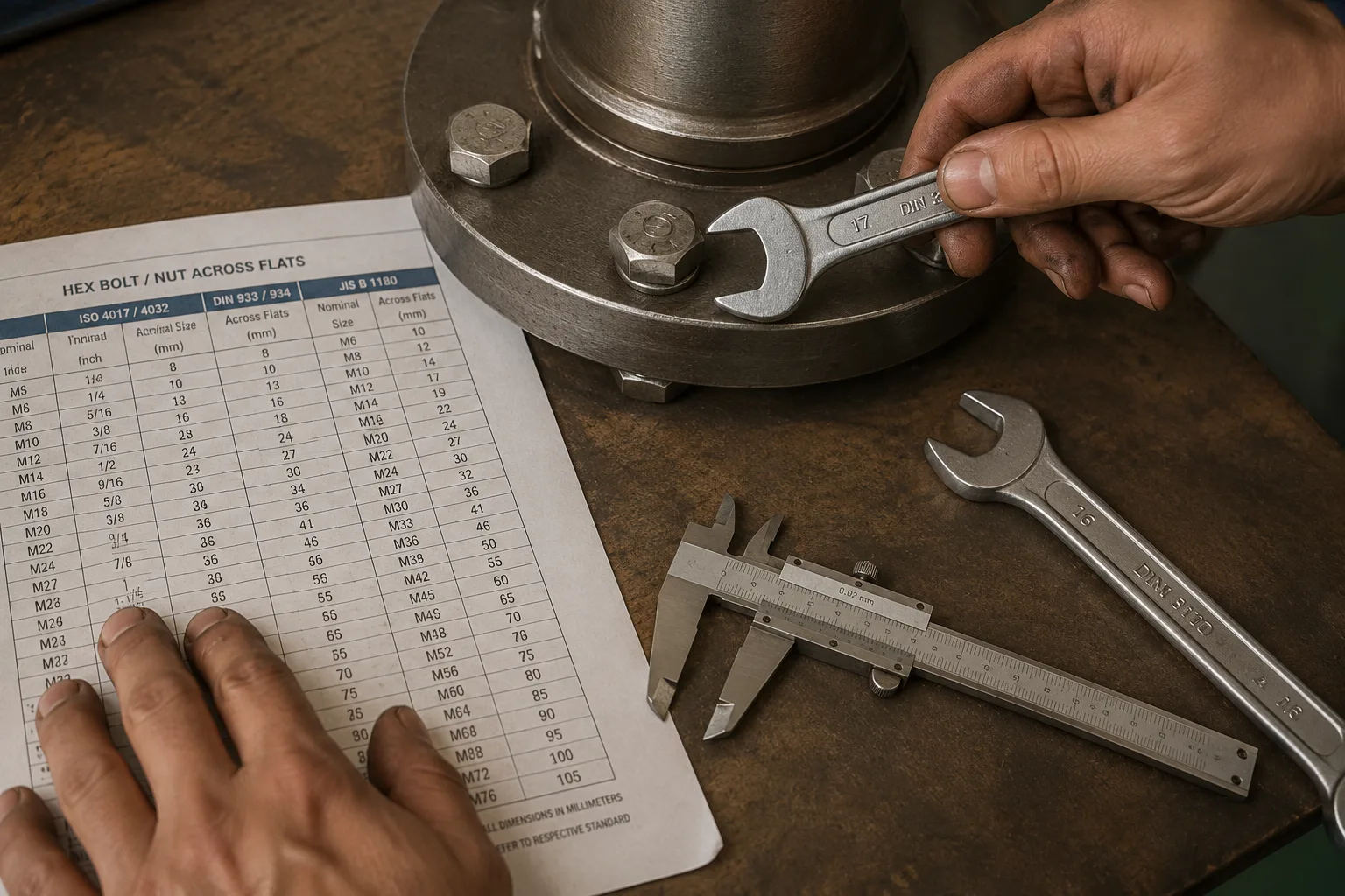 Marine engineer at a workbench cross-referencing bolt specifications from DIN, ISO, and JIS standards catalogues