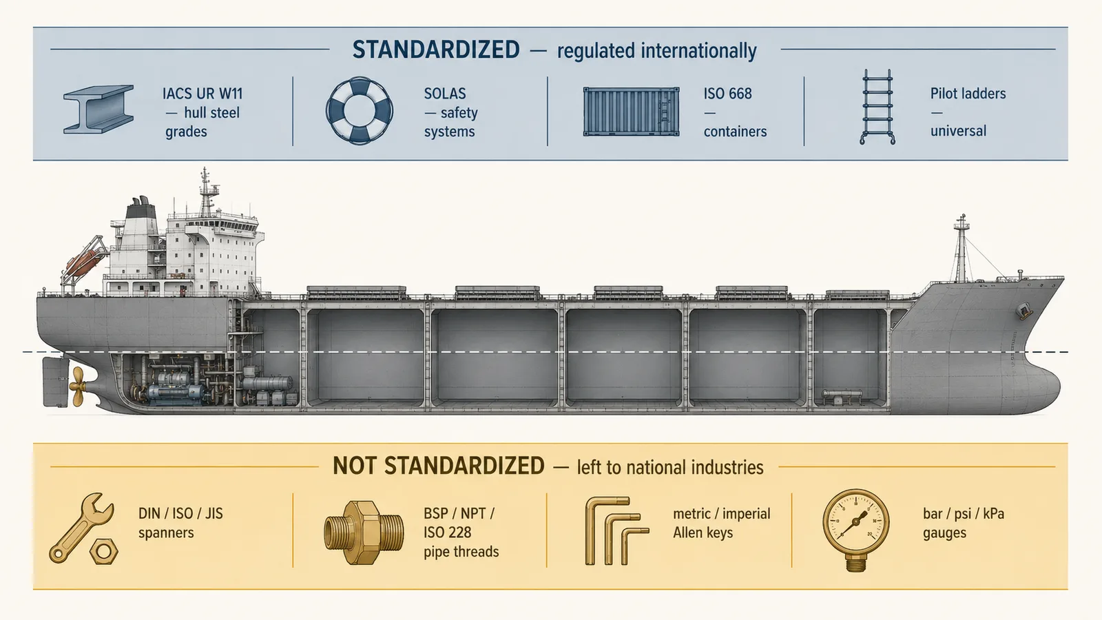 Diagram comparing the regulated and unregulated layers of a commercial ship — standardized hull and safety systems above, fragmented engine-room fittings below