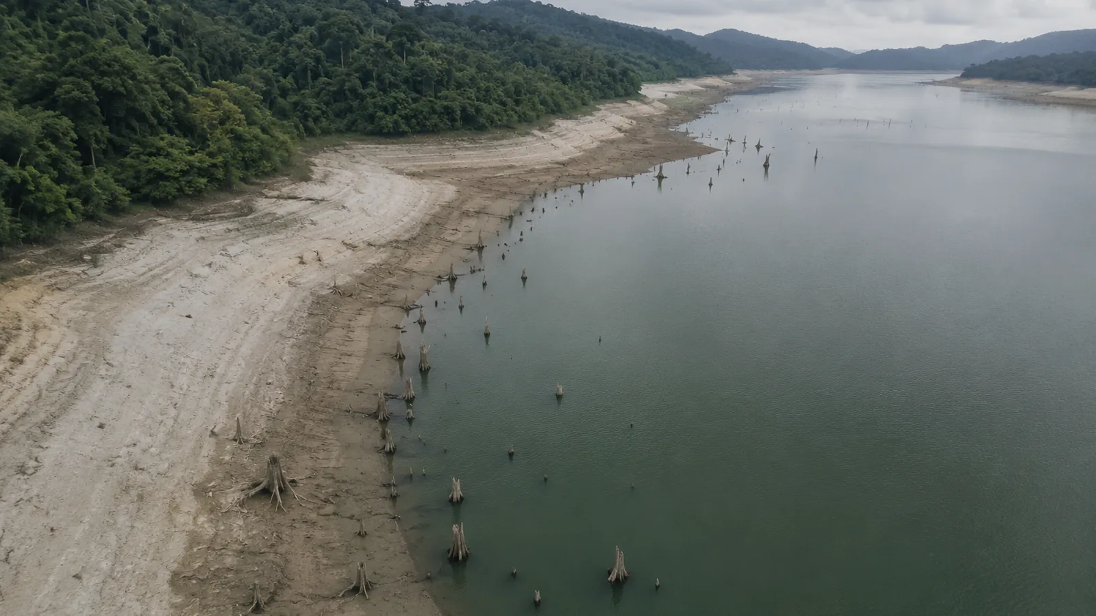 Aerial view of a tropical reservoir at low water, a pale band of exposed shoreline and old tree stumps standing above the surface
