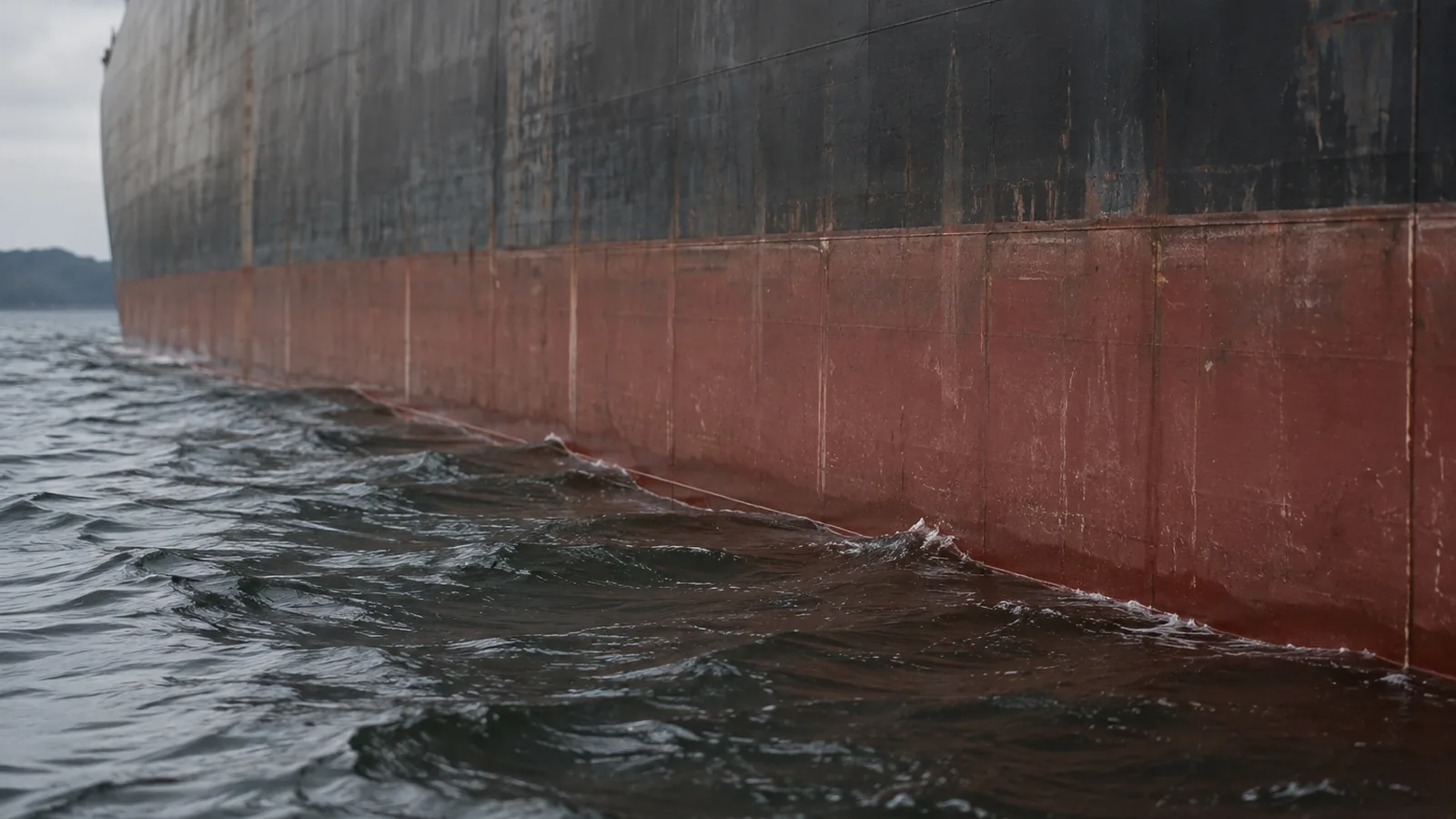 Close-up of the side of a heavily laden bulk carrier at the waterline, photographed at sea level with the boot-top close to the water