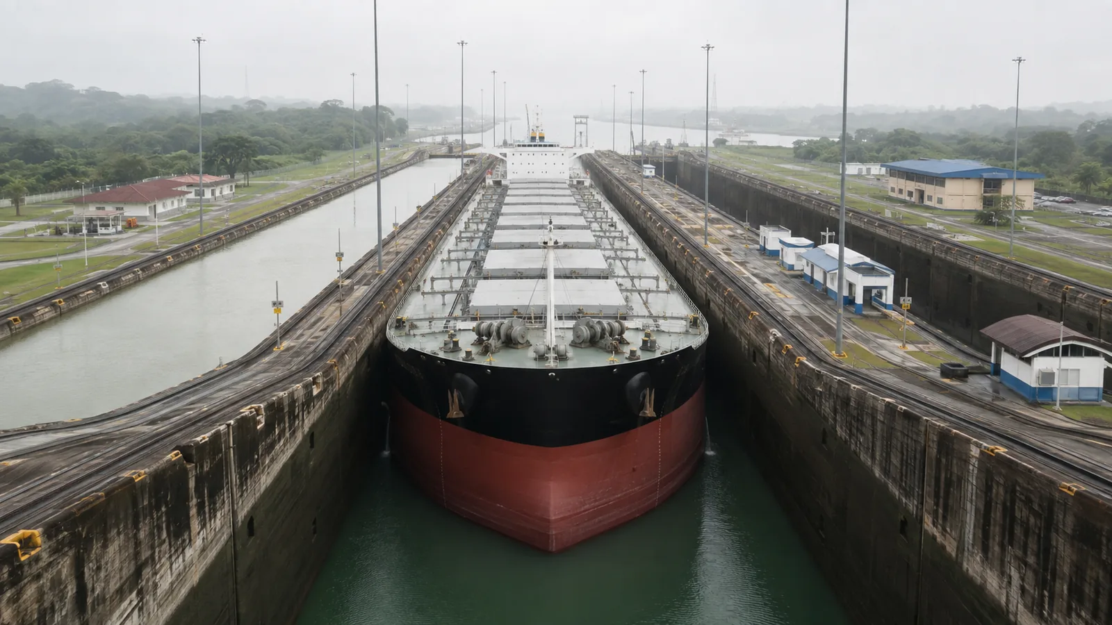 A laden bulk carrier occupying almost the full width of a canal lock chamber, seen from above the lock wall on an overcast morning