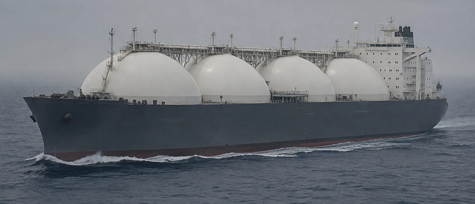 A Moss-type LNG carrier under way in open water on an overcast day, four white spherical tank covers rising above the weather deck along the length of a dark grey hull