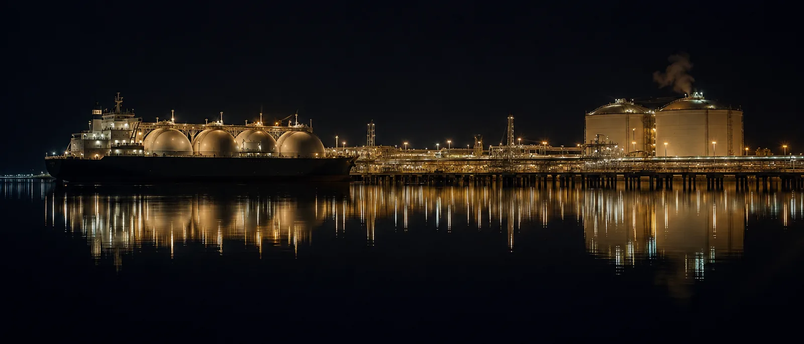A Moss-type gas carrier alongside a liquefied gas export terminal at night, spherical tanks and jetty floodlights reflected in still black water, storage tanks and process pipework beyond