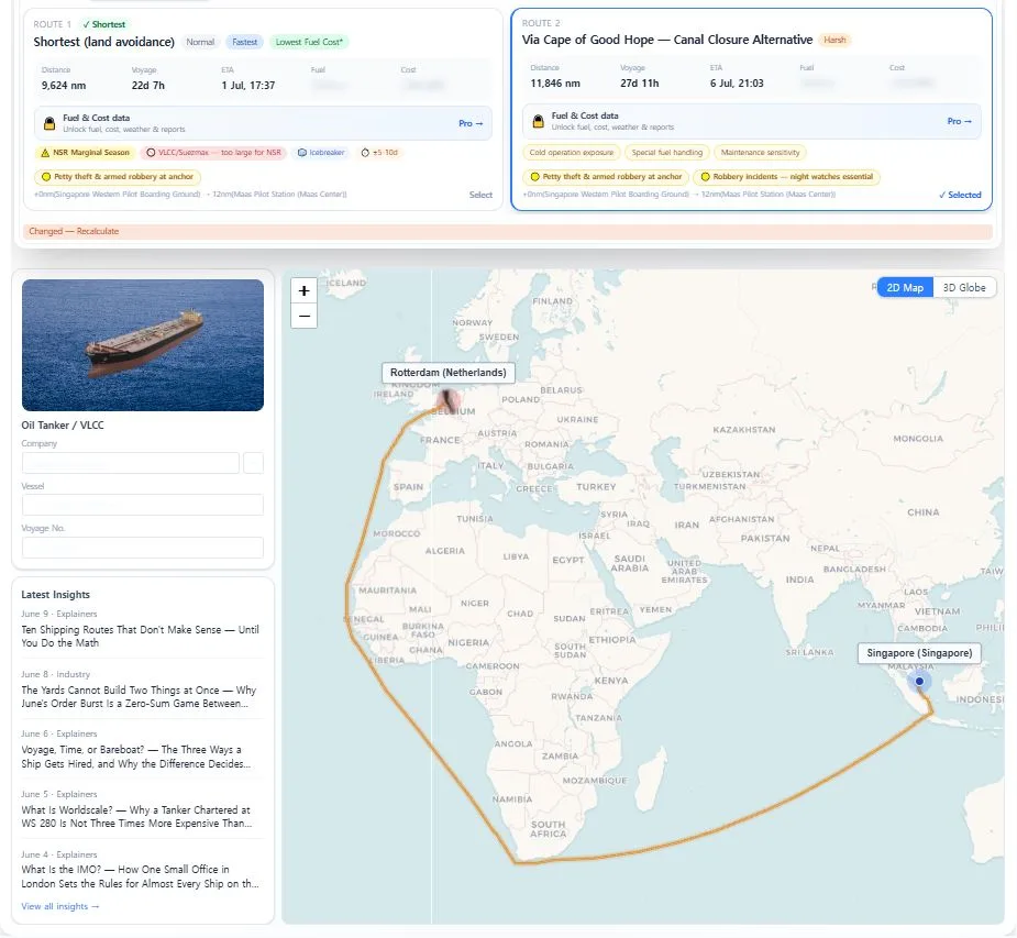 Fairway ETA Calculator comparing Singapore to Rotterdam: Route 1 Shortest at 9,624nm and 22 days versus Route 2 via Cape of Good Hope at 11,846nm and 27 days