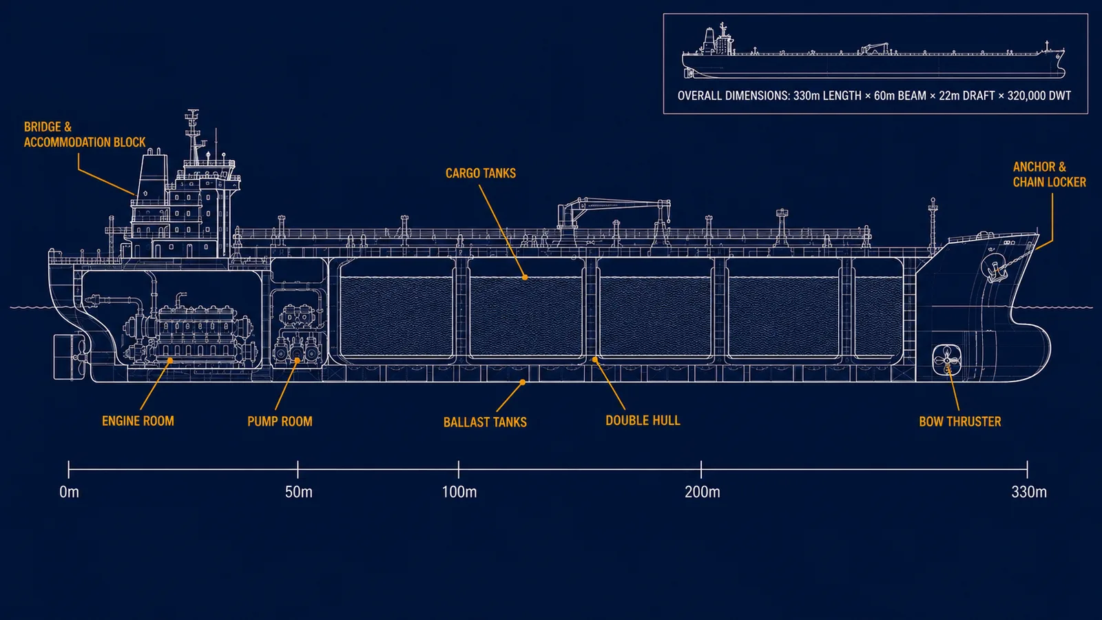 Technical blueprint cross-section of a VLCC oil tanker showing internal structure — engine room, bridge, pump room, cargo tanks, double hull, ballast tanks, bow thruster, anchor and chain locker — with overall dimensions of 330m length, 60m beam, 22m draft, 320,000 DWT
