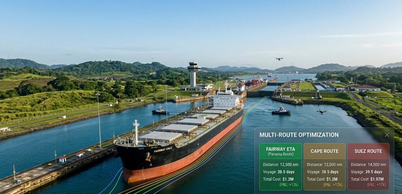 Voyage planner comparing Suez and Cape routes on a port-side dashboard