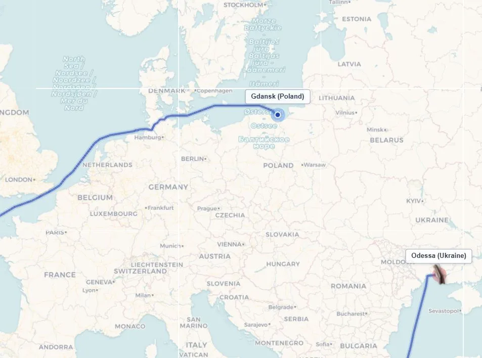 Fairway ETA Calculator showing Gdansk to Odessa route via Kiel Canal — the direct shortcut through northern Germany