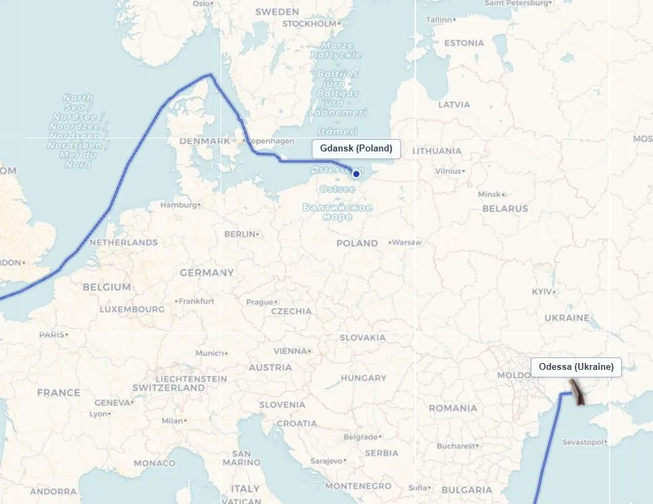 Fairway ETA Calculator showing Gdansk to Odessa route going around Denmark — the longer alternative when the Kiel Canal is bypassed