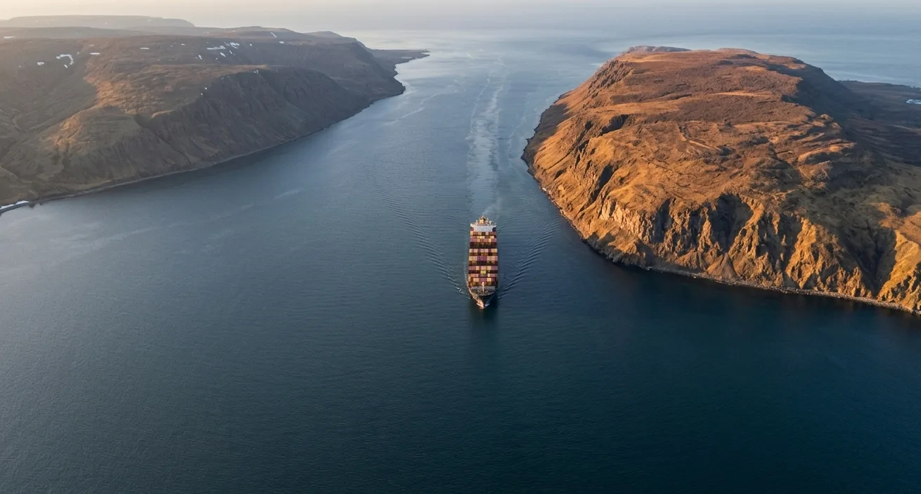 Aerial view of a container ship navigating a narrow strait between two land masses, illustrating the geographic vulnerability of global maritime chokepoints