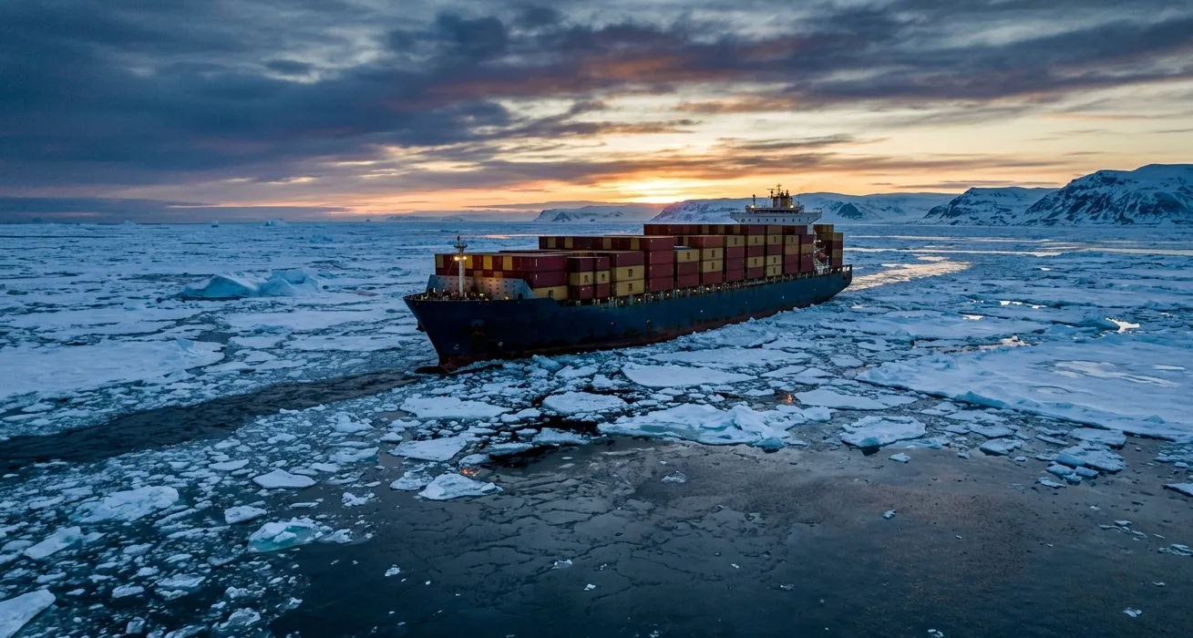 A container ship navigating the Arctic Ocean through floating sea ice under a dramatic polar twilight sky