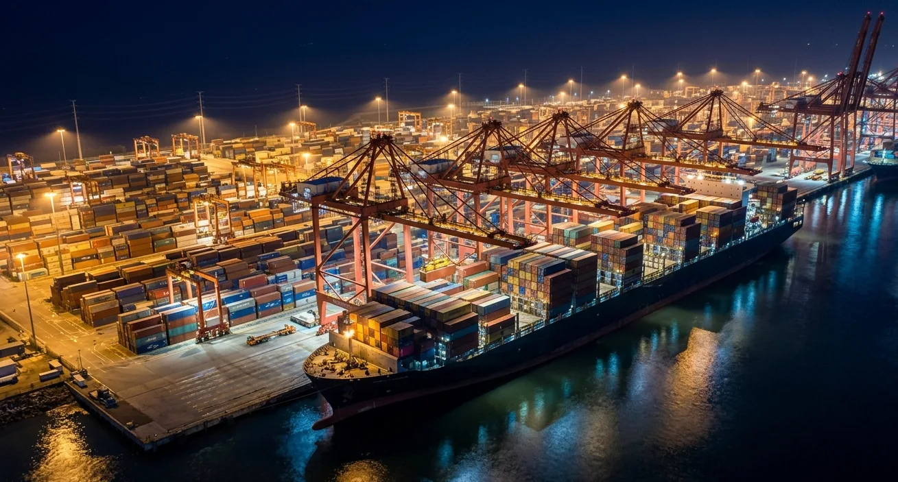 A major container port at night with illuminated gantry cranes and stacked containers, representing the 24-hour rhythm of global trade