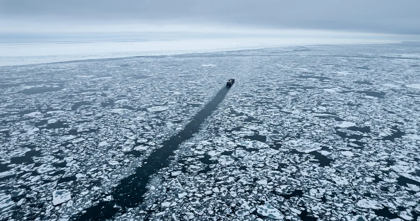 Aerial view of a container ship traversing the vast Arctic Ocean, dwarfed by surrounding sea ice