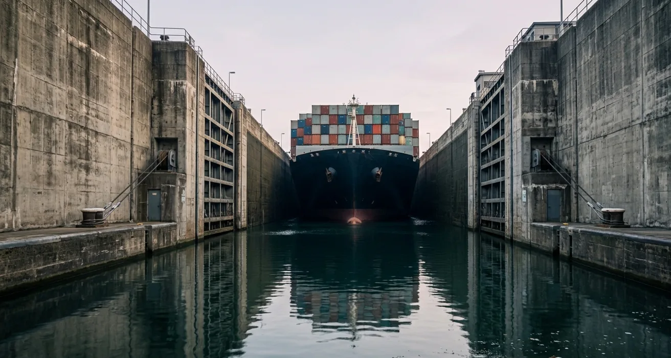Close-up of a large container ship transiting a narrow canal lock with concrete walls only meters from the hull