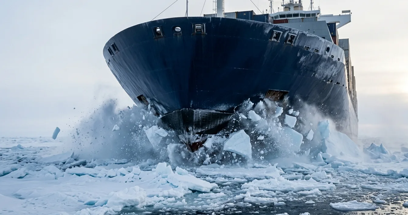 Close-up of an ice-class container ship's reinforced bow breaking through pack ice